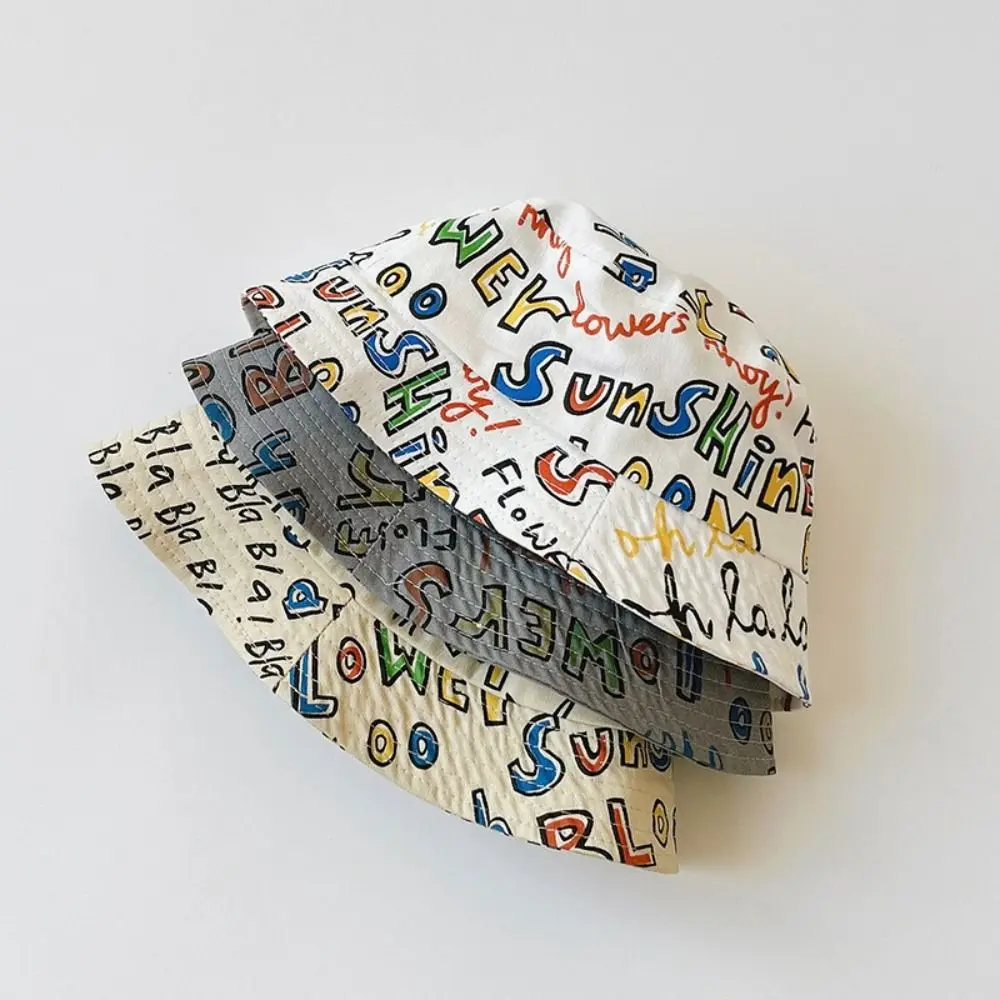 Casual Graffiti Letter Children Fisherman Hat Cottton Wide eave Bucket Cap Hip Hop Basin Hats