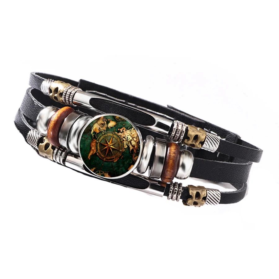 Unique Navigation Compass World Map Printed Glass Alloy Bracelet Charm,Ideal Gift For Travelers And Outdoor Enthusiasts