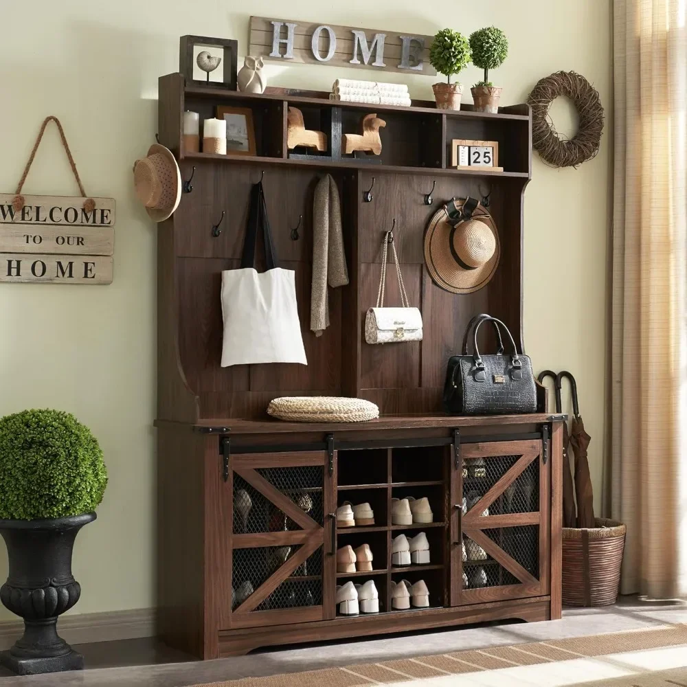 Farmhouse Entryway Hutch with Coat Rack, 20 Shoe Cubbies & 12 Coat Hooks Wide Hall Tree with Shoe Storage Bench, Mudroom Storage