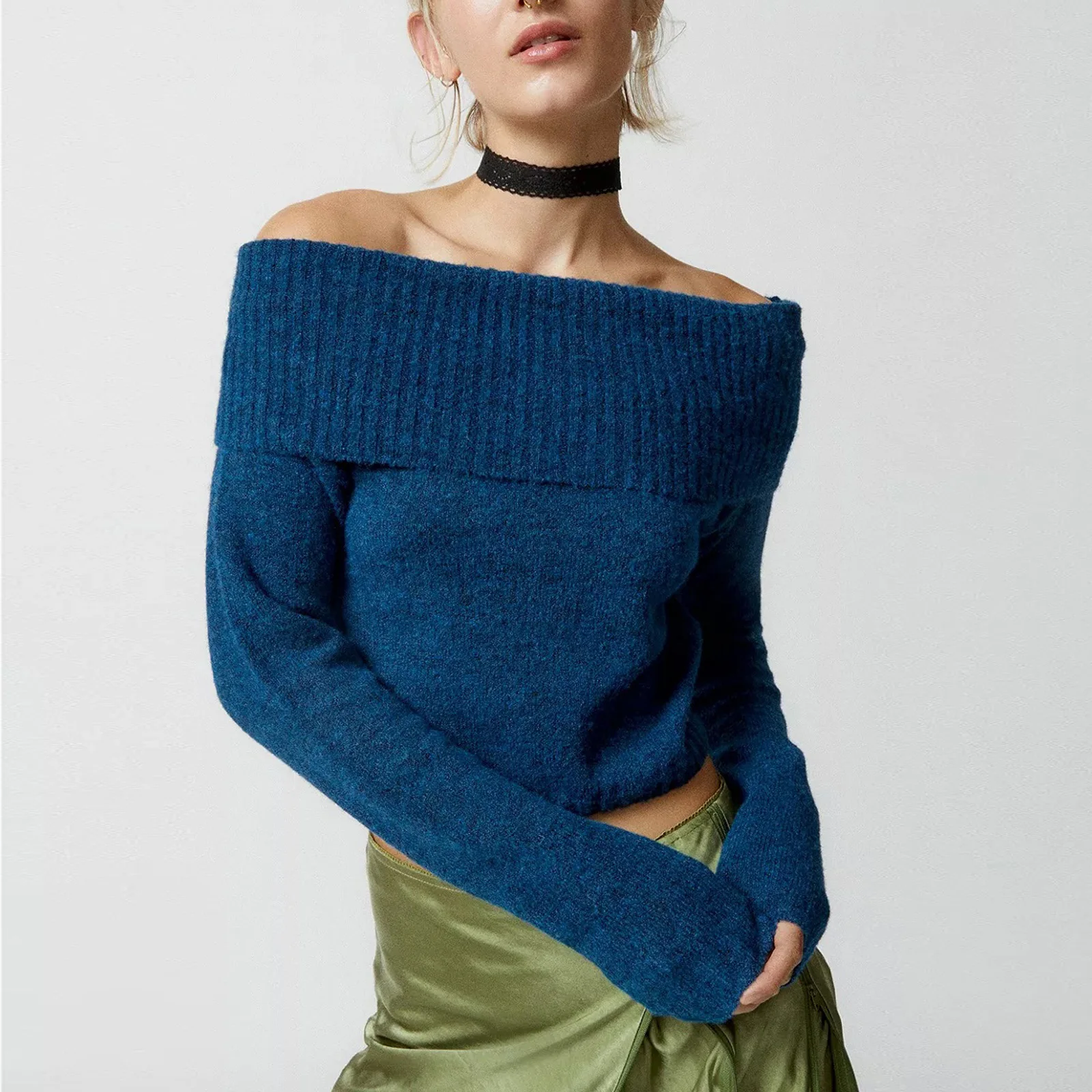 

hirigin Women Casual Solid Sweater Top Long Sleeve Off Shoulder Ribbed Knit Cropped Shirt Fairy Grunge Fall Y2K Streetwear