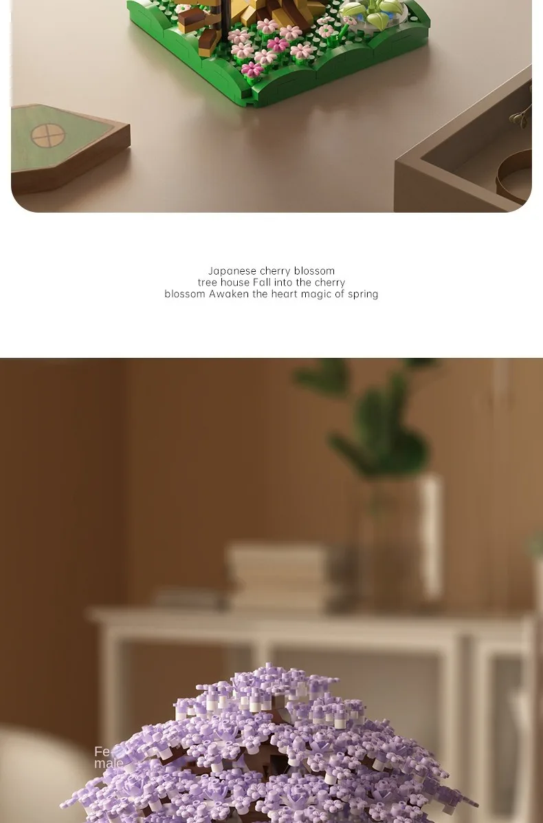 DIY Lila Romantische Kirschblüte Blume Rosa Baum Haus Montage Bausteine Klassisches Modell Miniatur Ziegel Sets Kind Geschenke – Detail 3