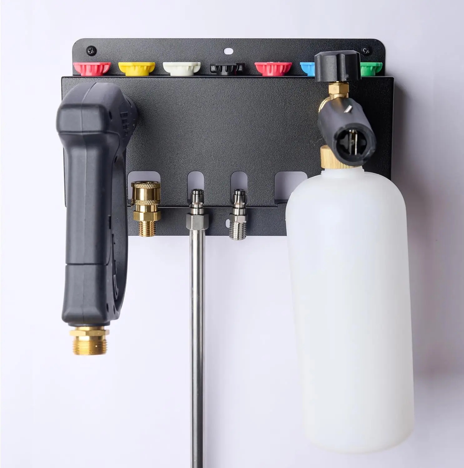

Wall Mounted Pressure Washer Gun Holder with Foam Cannon & Nozzle Storage, 1/4' Quick Connect