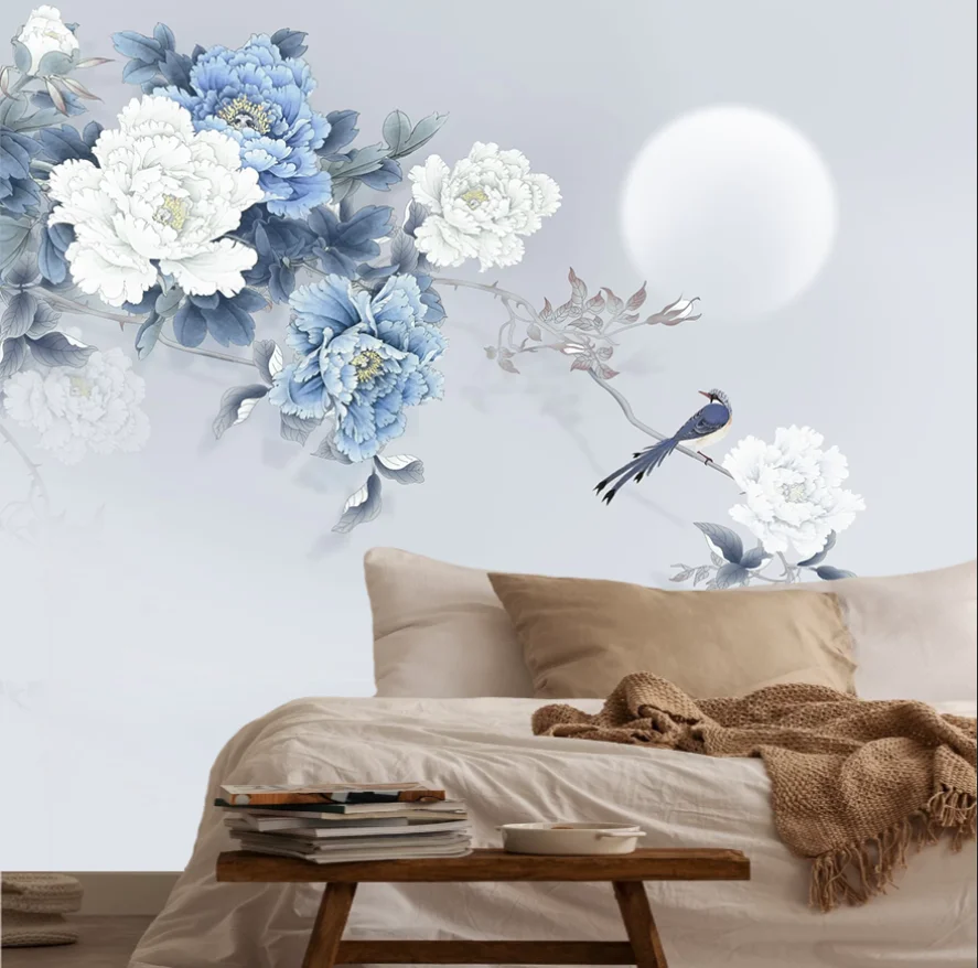 

Customized size mural hand-painted orchid, moon, branch, butterfly, bird wallpaper, home decoration, flower and bird 3d mural