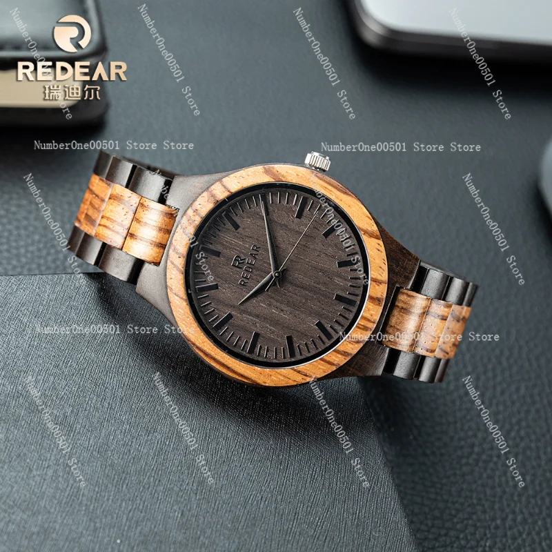 Men's Ebony Wood Watch Mineral Glass Quartz Luxury Vintage Style Gift Box