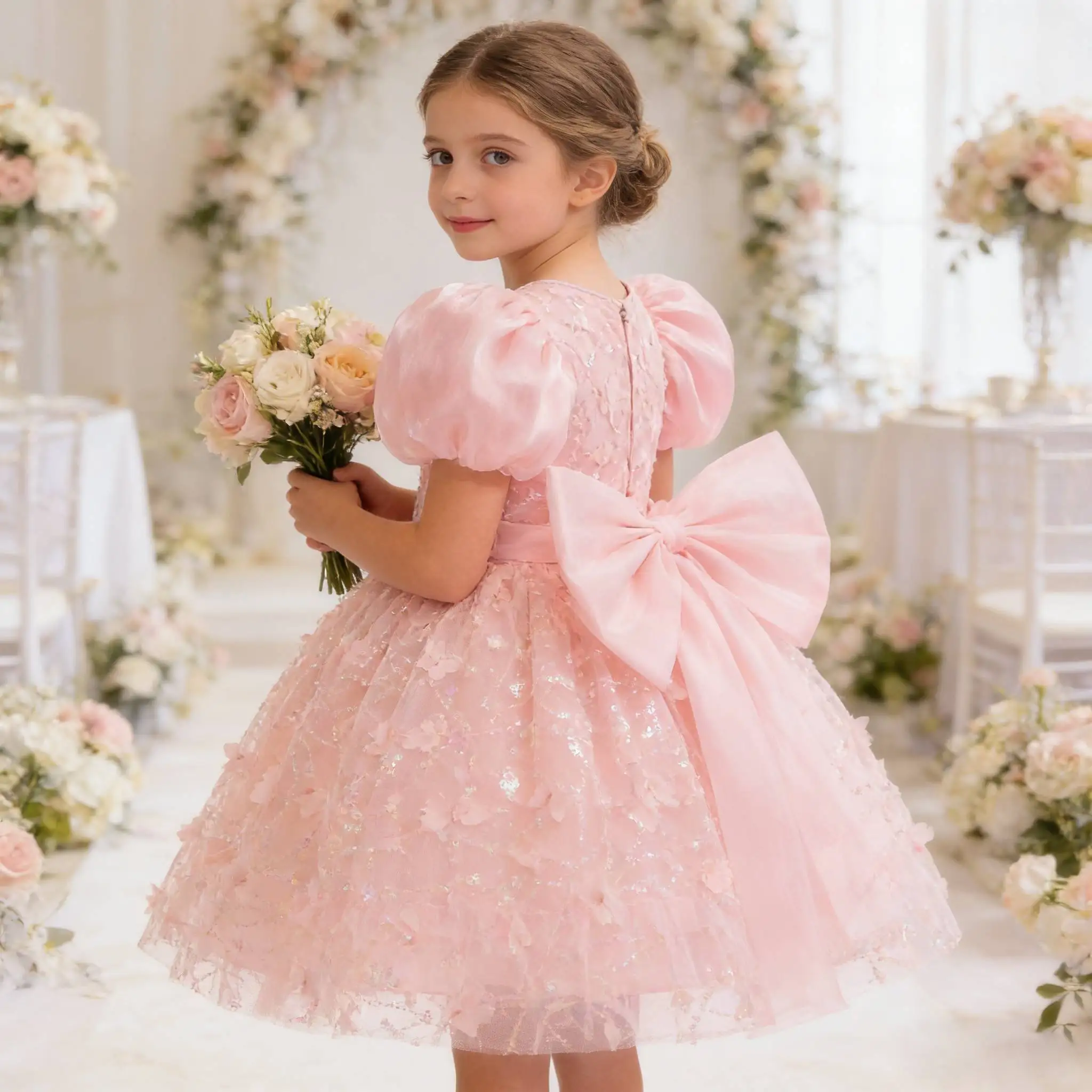 2026年ラグジュアリーガールズパーティードレス半袖スパンコール蝶々メッシュドレス3-8歳女の子誕生日プレゼント、エレガントなパーティードレス