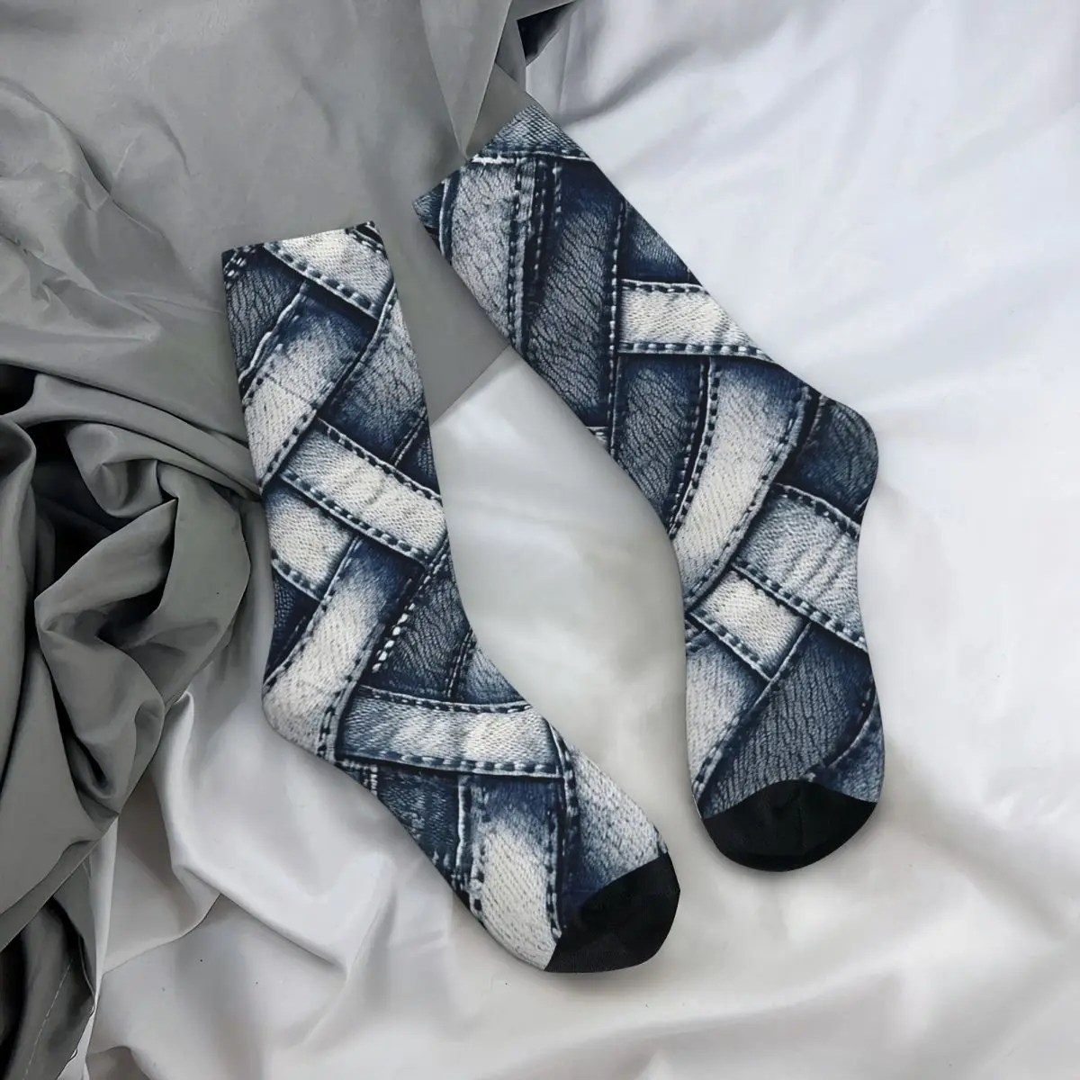 All Seasons Crew Stockings Faux Denim Texture Socks Fashion Long Socks for Men Women Valentine's Day Gifts