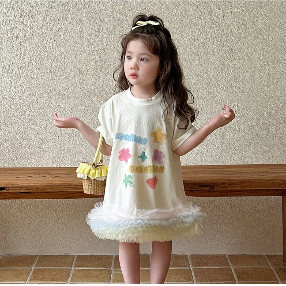 

2-7 Years Beige Short Sleeved Girls Casual Dresses Summer Print Layered Lace Princess Dress Sweet and Cute Children's Clothing