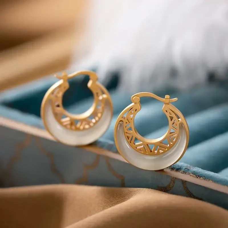 Designer original new ancient gold craftsmanship hollow Hetian jade moon earrings simple and generous  jewelry
