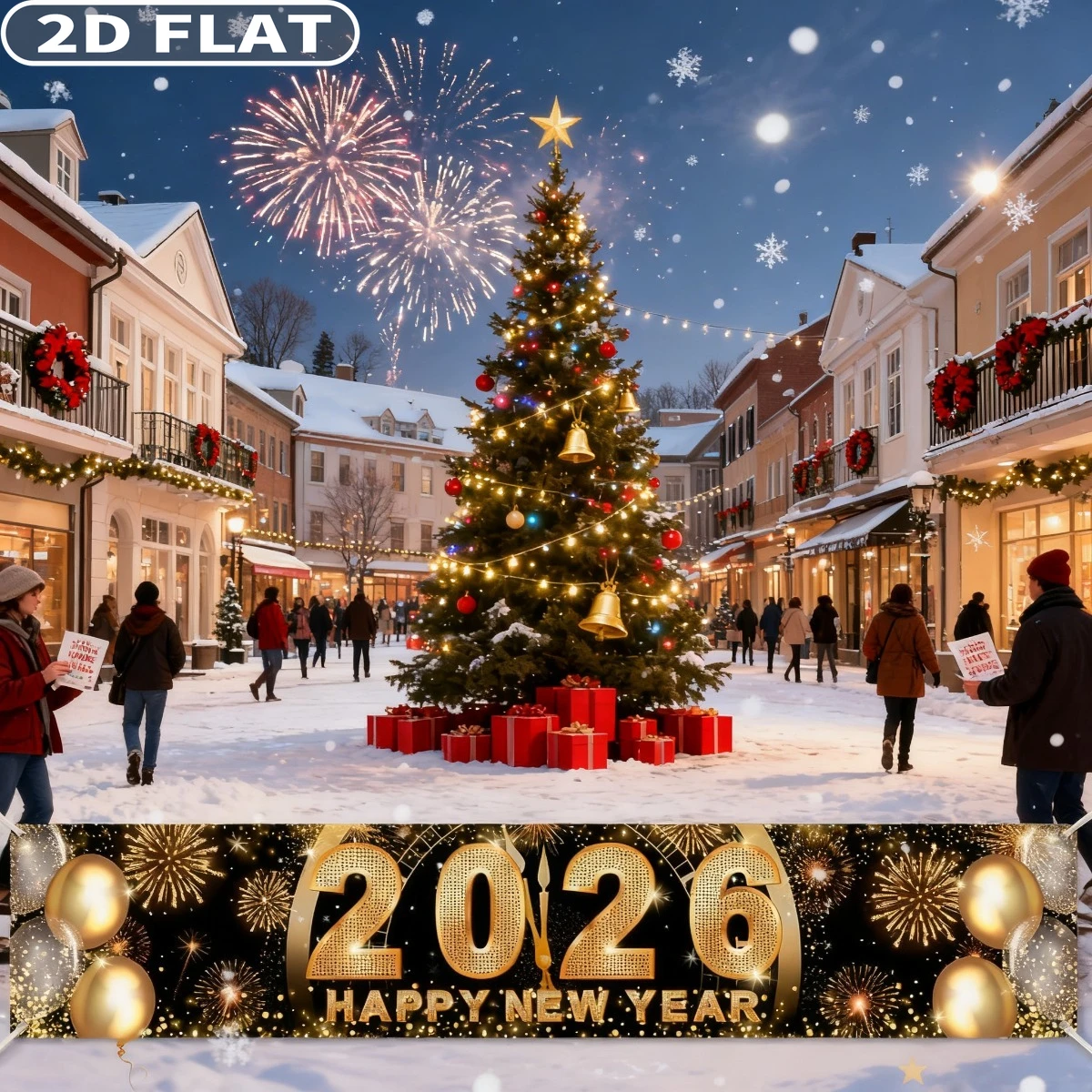 

2D FLAT 1pc Happy New Year Party Banner Large Happy 2026 Yard Banner 20x98 Inch New Year's Eve Backdrop Party Outdoor Decor