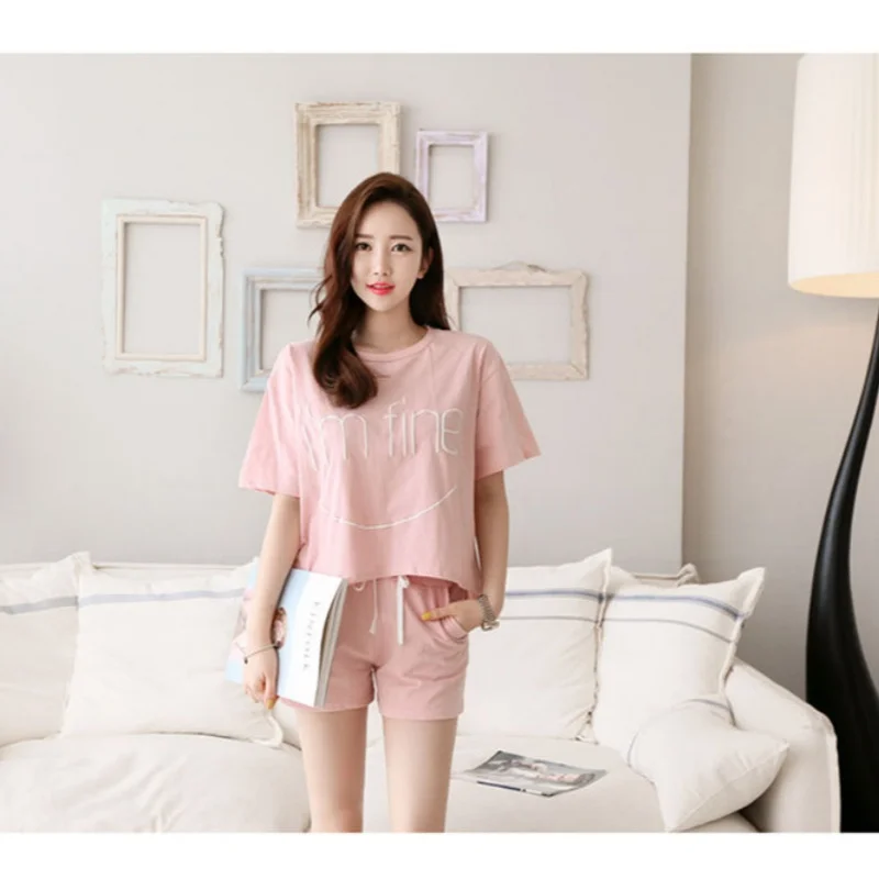 Gilrs Summer Two Pieces Short Pajamas Thin Sweet Cute Loose Short Sleeve Homewear With Letter Sports Casual O-neck Home Clothing