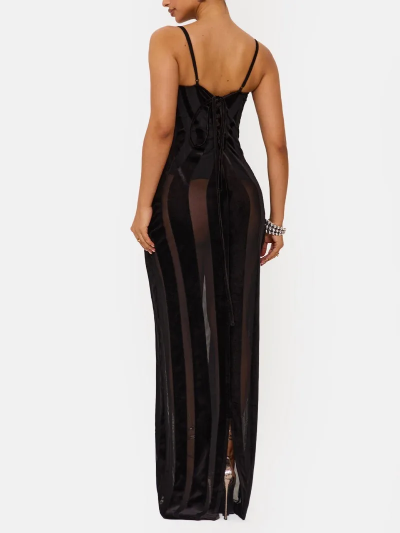 Women Black Velvet Sheer Maxi Dress Sexy Chic Mesh Patchwork Off-shoulder Waist Cinching Slim Maxi Dresses 2026 Club Party Gowns view 6