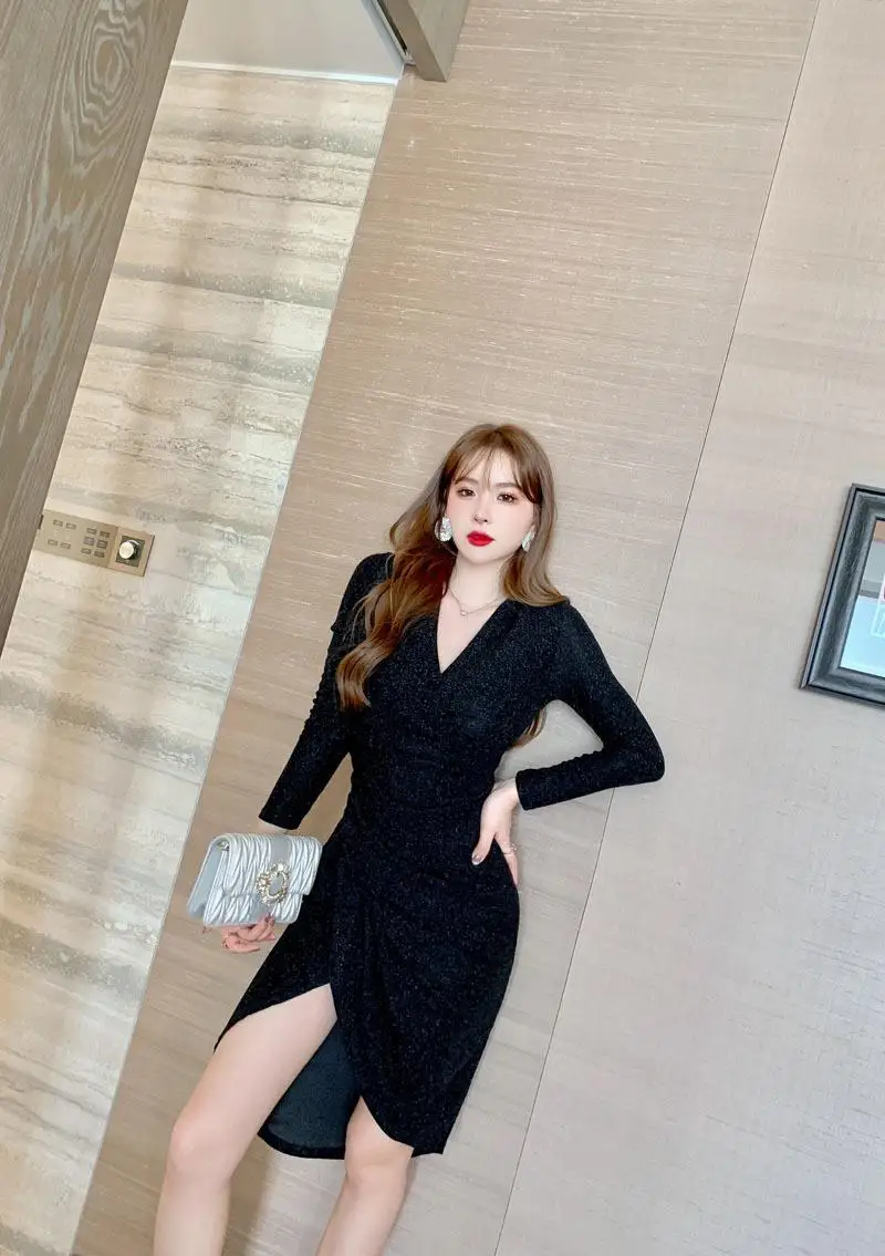 용수철 여성 섹시 브이넥 플리츠 슬림핏, 불규칙한 팔 감싸기, 신상 기질 원피스