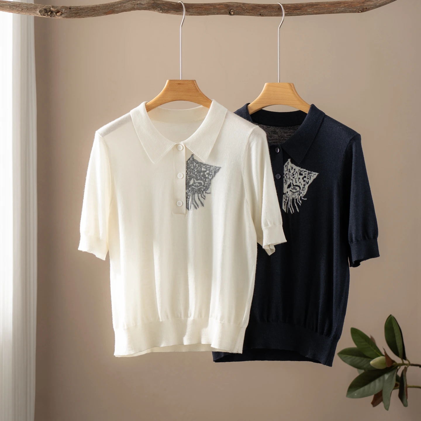 100% pure cashmere short-sleeved women's thin, fine-spun ultra-fine cat knitted half-sleeved T-shirt polo shirt
