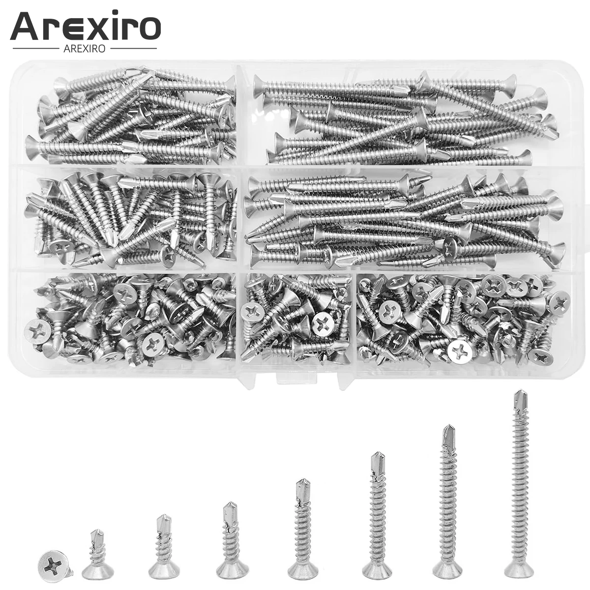 

260Pcs M4.2x13/16/19/25/32/38/50mm Self Drilling Screws Stainless Steel Flat Head Self Tapping Screws
