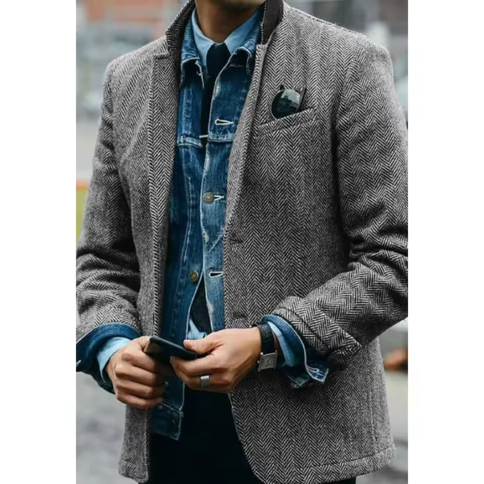 

Mens Blazer Herringbone Suit Jacket Notch Lapel Single Breasted Casual Jacket Fashion Comfort Business Attire Slim Fit Tapered