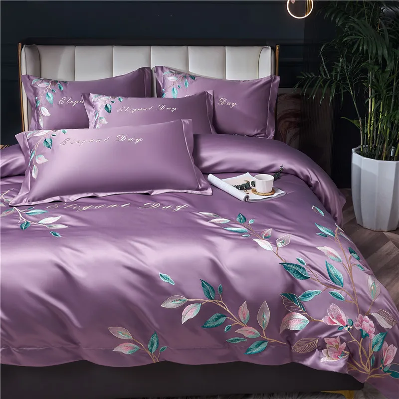 

Luxury Purple Embroidered Cotton Bedding Set Duvet Cover Bed Linen Fitted Sheet Pillowcases Home Textiles