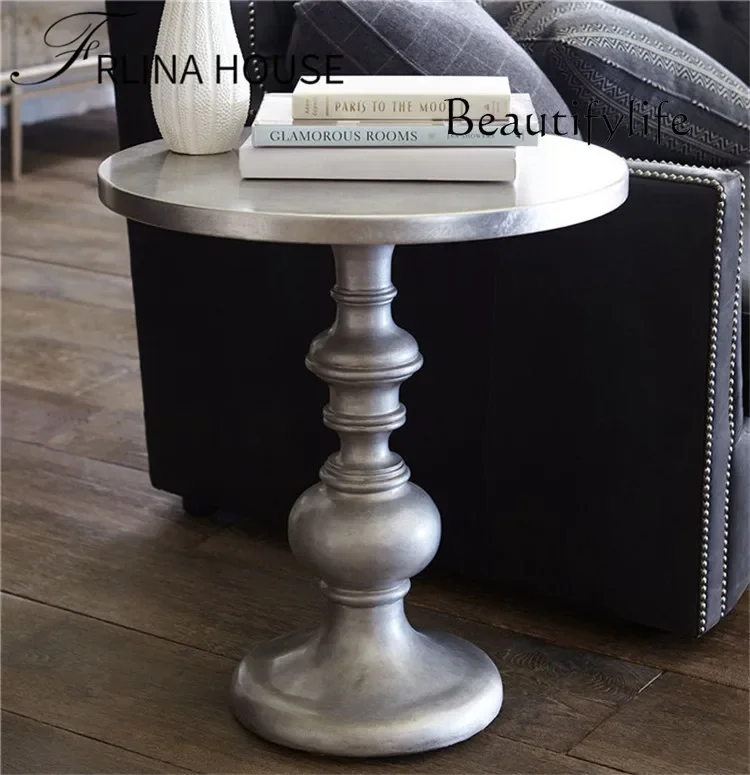 J الخشب الصلب طاولة مستديرة صغيرة غرفة نوم الإبداعية الأوروبية الرجعية الفضة طاولة القهوة غرفة المعيشة أريكة طاولة الزاوية المستديرة #3