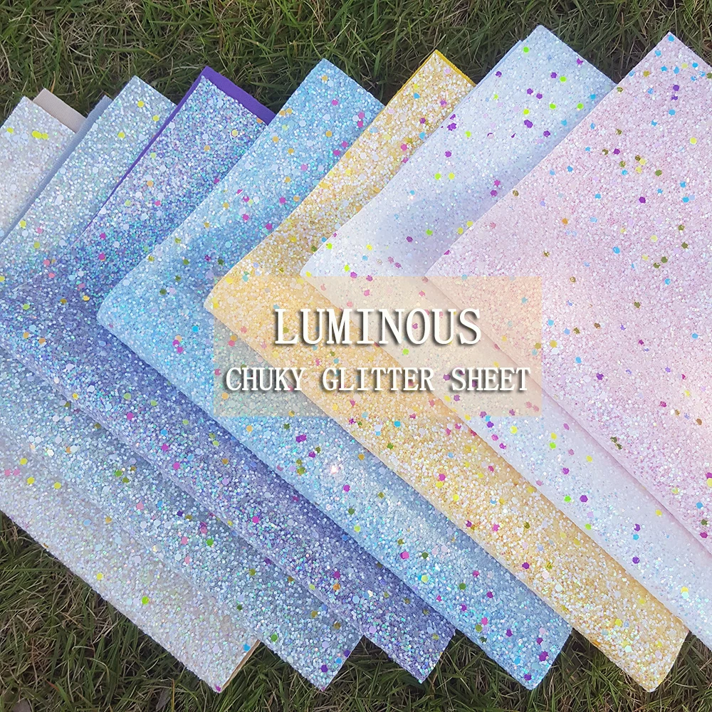 QIBU 22*30cm Luminous Chunky Glitter Fabric White Purple Faux Leather Sheets DIY Hairbow Accessories Handmade Crafts Decoration