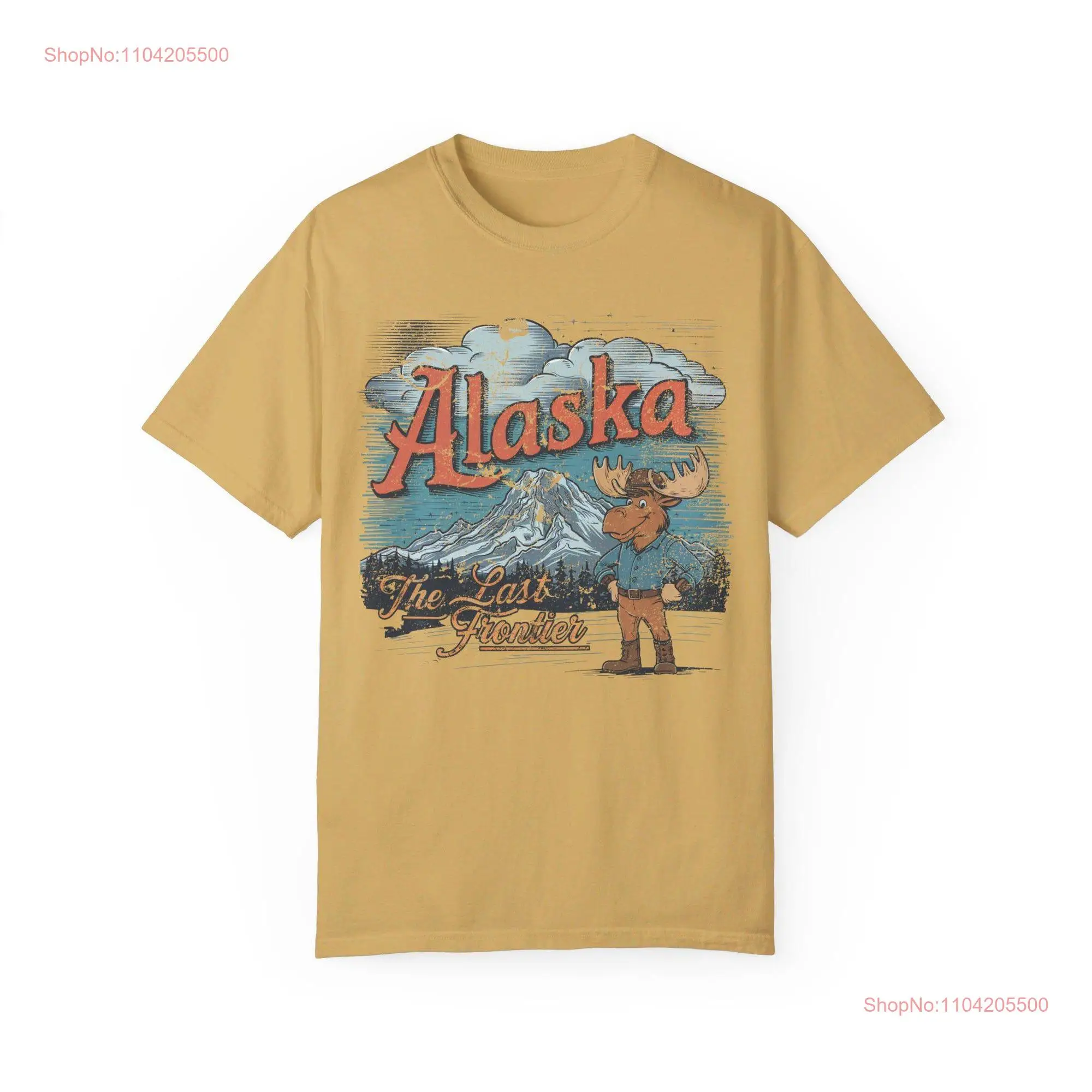 Vintage Alaska T Shirt Featuring A Cartoon Alaskan Moose Stood by Mount McKinley Design Available in 10 Colours Americana