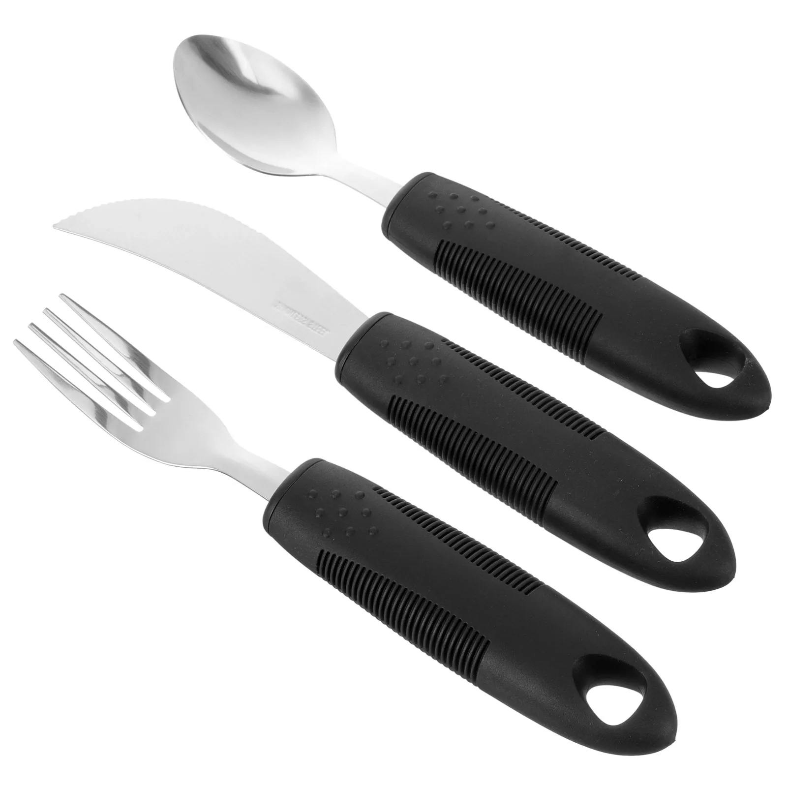 

3pcs Anti Shake Dining Set Elderly Black Plastic Handles Stainless Steel Cutlery Adaptive Utensils Non Slip Fork Knife Spoon