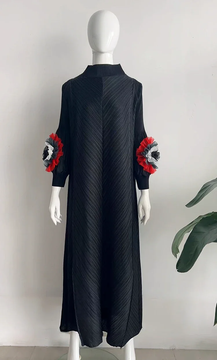 Imagem -05 - Vestido Maxi Plissado para Mulheres Gola Redonda Croma Dividido Fungo Manga Cheia Miyake Roupa de Outono Novo 2023