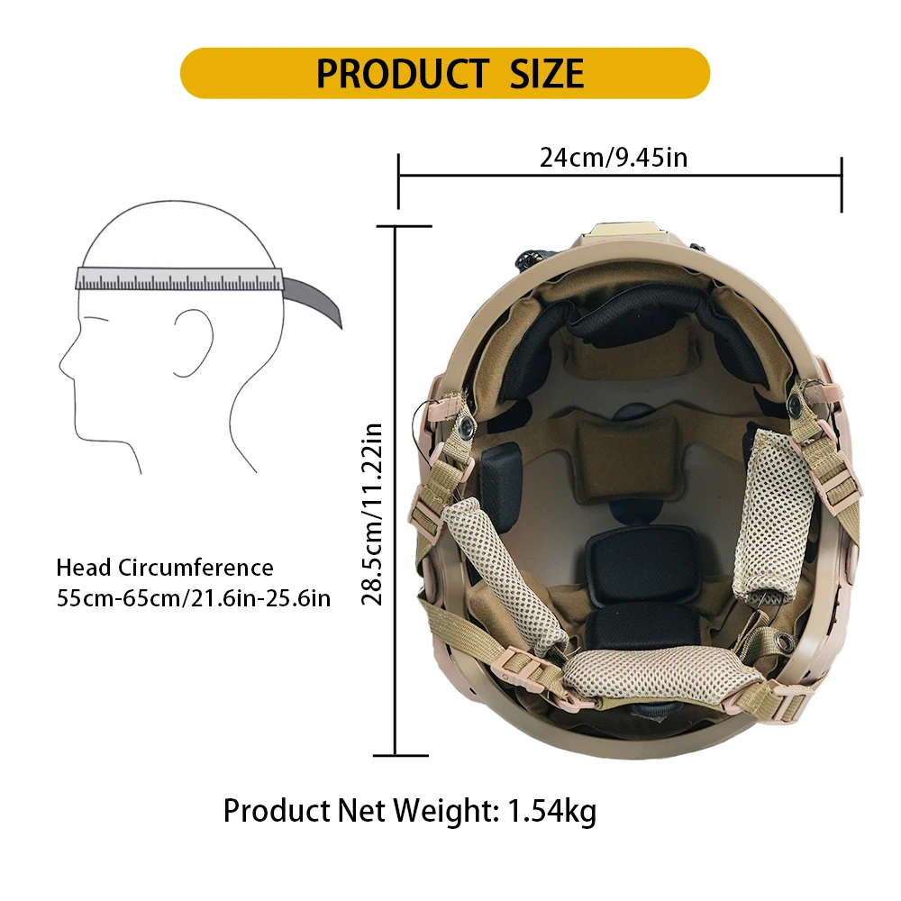 Upgraded Larger Fiberglass Protective Helmet 3rd Gen NVG Shroud Double Rails SF Hook and Loop Fit 55-65cm Head Circumference