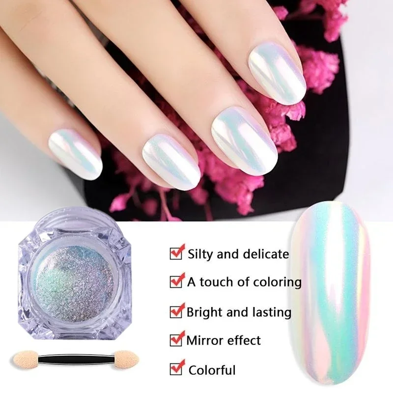 Aurora-Poudre à ongles effet miroir chromé, nail art, sirène arc-en-ciel AB