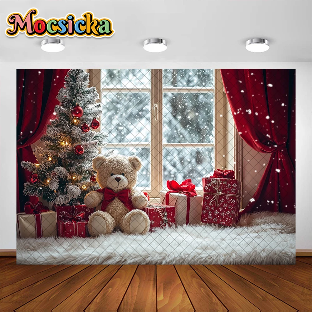 Cute Plush Toy Bear Photography Background Christmas Holiday Decoration Supplies Boy Girl Portrait Photo Backdrops Studio Props