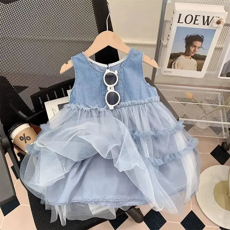 

Kids Girl Lace Stitching Dress 2025 New Fashion Chidren Princess Denim Dresses Summer Denim Clothing Japanese Korean Style