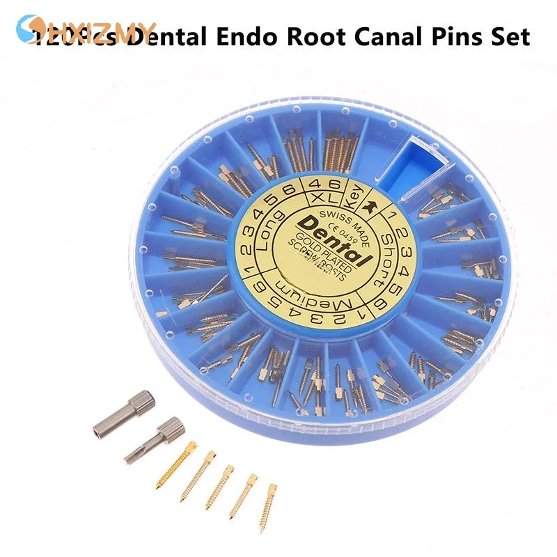 

120 шт./кор., стоматологические эндодонтические конические винтовые стойки, эндодонтические штифты для корневых каналов, чистый титан, позолоченный материал из нержавеющей стали