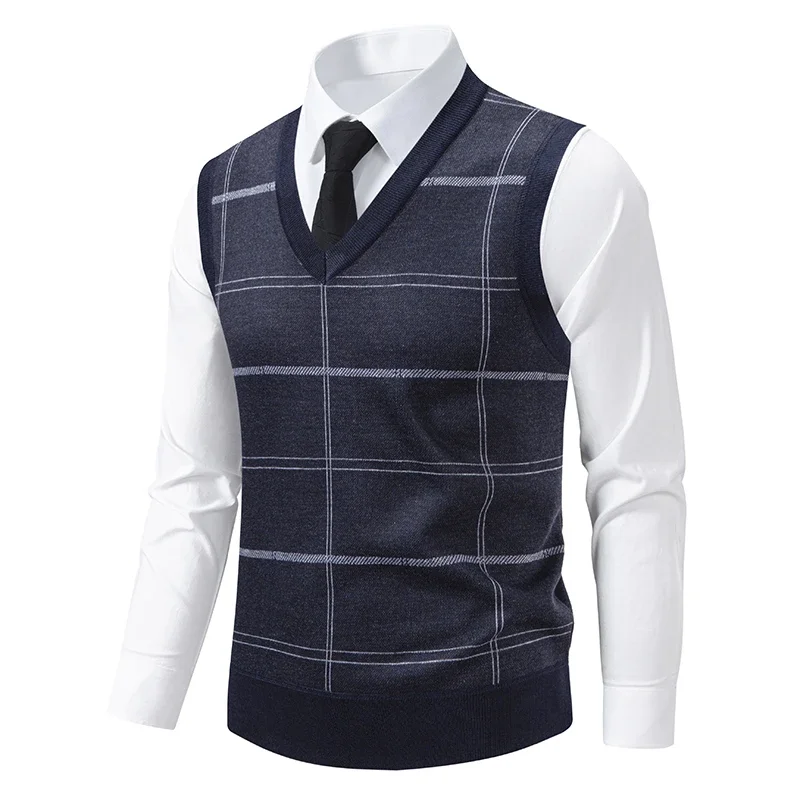 Men's Knitted Warm Sweater in Autumn and Winter V-neck Vest Diamond Grid Twisted Flower Casual Fashion Versatile Top