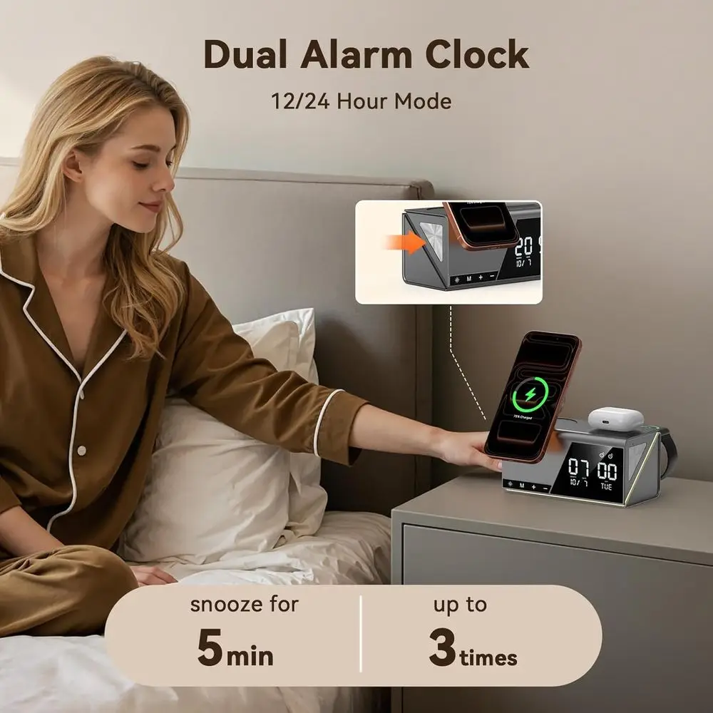 محطة شحن لاسلكية عالمية مع 6 وظائف: ساعة منبه، ضوء ليلي، منضدة، شاحن MagSafe، شحن سريع لـ i #3