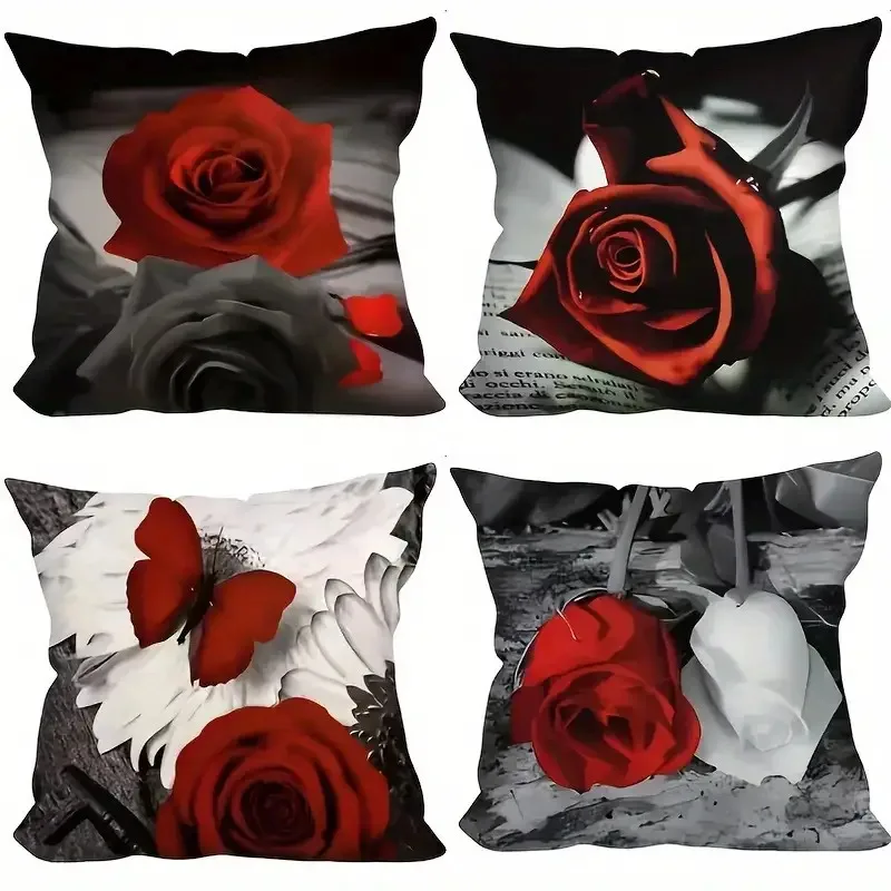 

4 Pcs Vintage Red Rose & Geometric Pattern Pillow Covers – Perfect for Sofa Cushions, Bedroom, Living Room & Home Decor