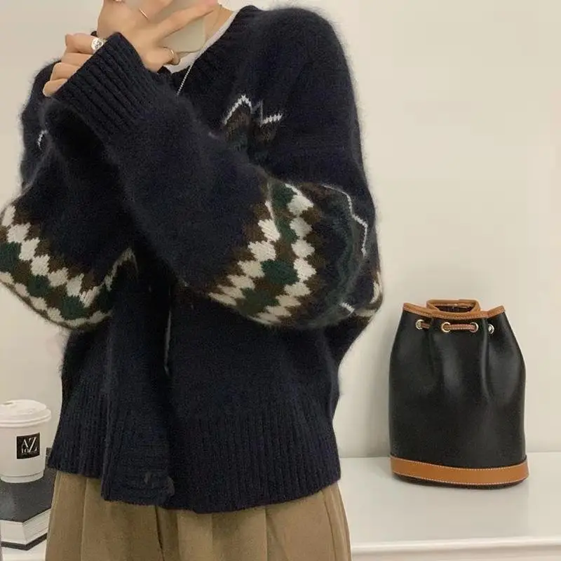 Fashion Spliced Button Geometric Loose Cardigan Sweaters Female Clothing 2023 Autumn Winter New Oversized Knitted Casual Tops