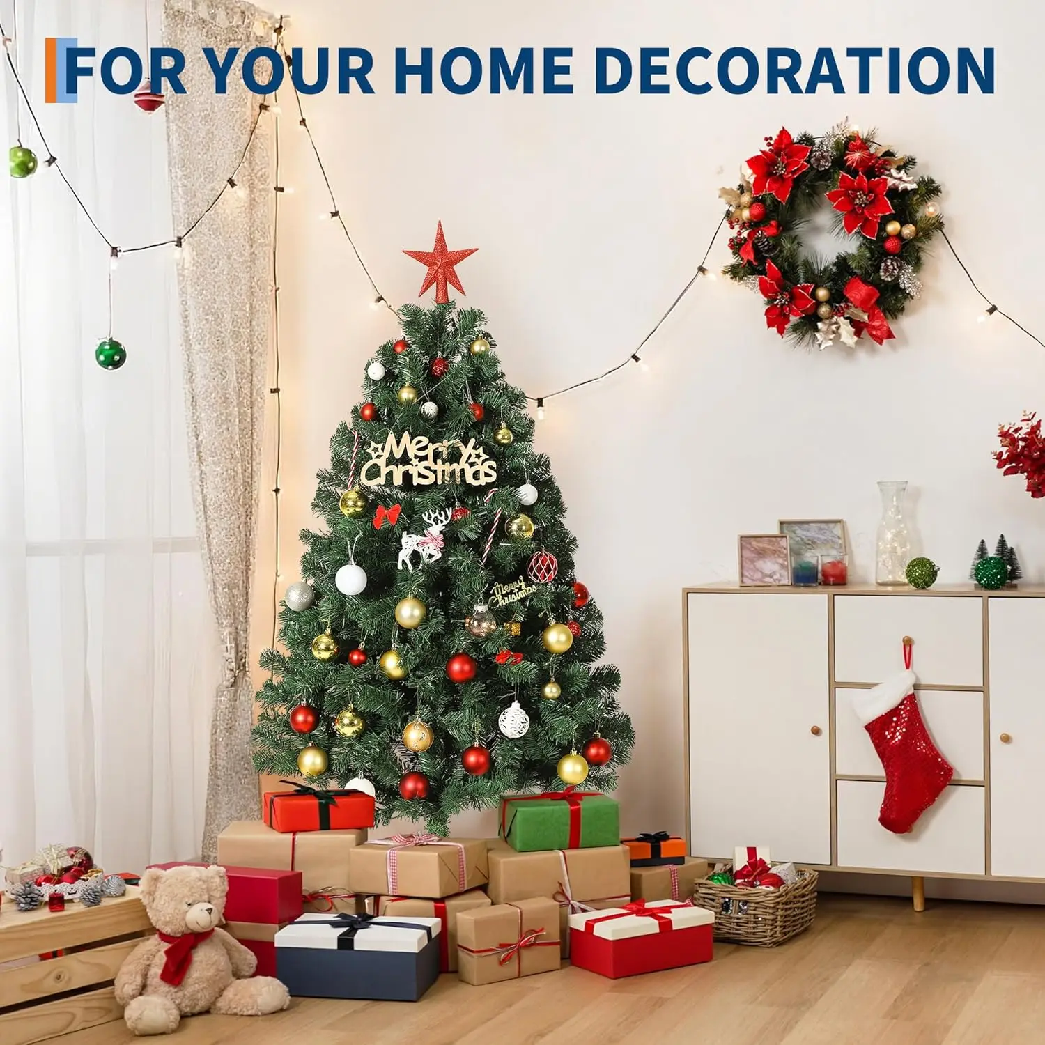 4,5 Fuß 6 Fuß hochwertiger realistischer künstlicher Weihnachtsbaum mit mehreren Zweigspitzen, Metallbasis, Urlaubsdekoration für Zuhause, Party, Büro