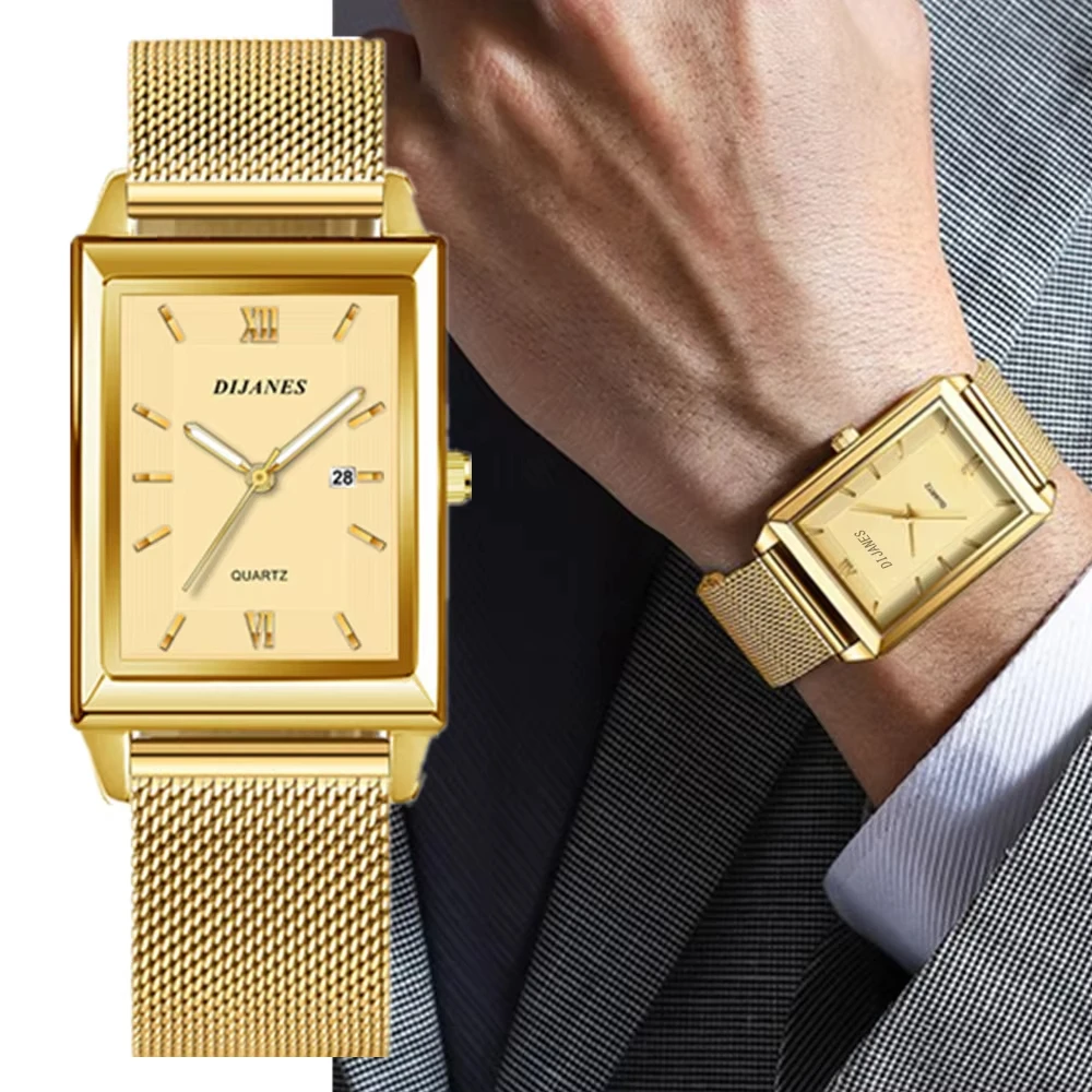Luxury Men's Golden-Tone Business Watch,Rectangular Dial Quartz Movement, Mesh Band Analog Display Durable & Stylish Timepiece