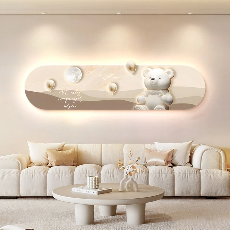 bedroom decoration painting bear children's room bedside with lamp hanging painting girl sofa background living room wall