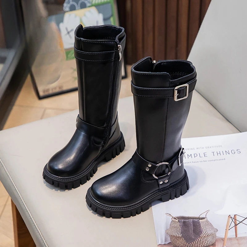 Winter Kids Fashion Boots Black School Girls Catwalk Boots Matte PU Non-slip Children Causal Cotton Boots Long High Versatile