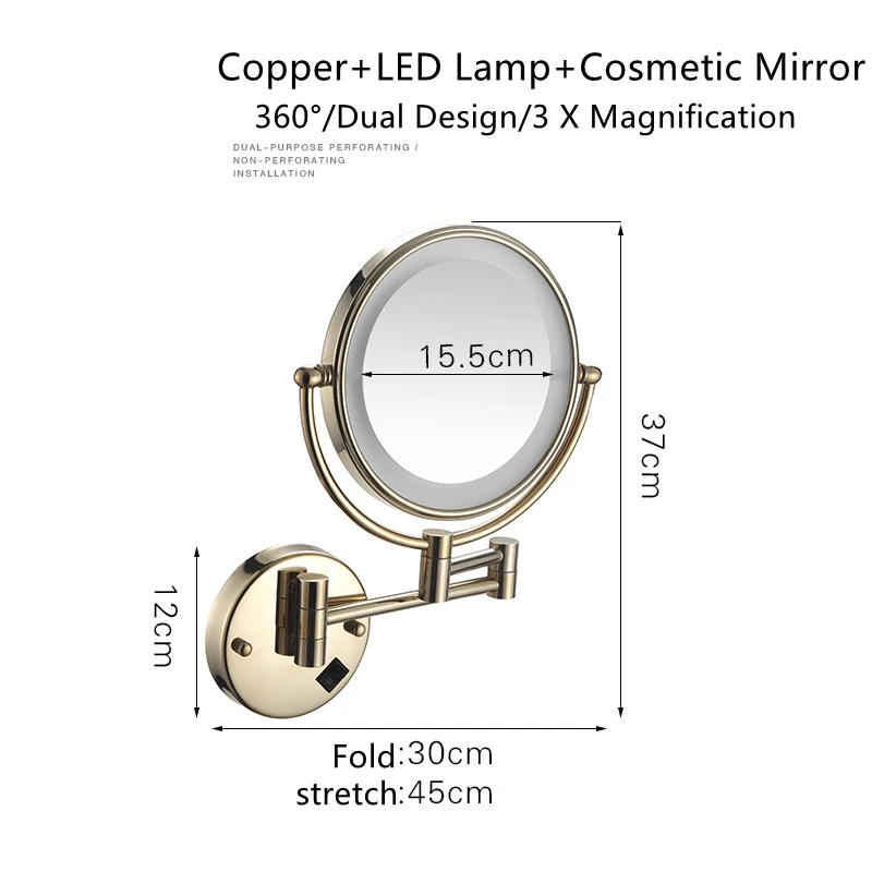 Imagem -06 - Espelhos Redondos de Maquiagem com Led Espelho Cosmético Ouro Zircônio Latão Lado Duplo Lâmpada de Parede Ampliação x x 10 x Estendendo Dobrável