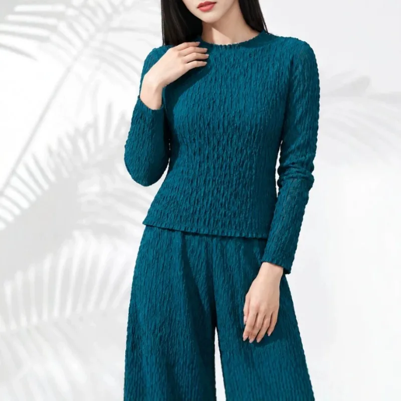 Designer Handmade Pleated T-Shirt plisse Women 2026 Autumn New Loose Slimming Versatile Long Sleeve Round Neck Loose Base Shirt