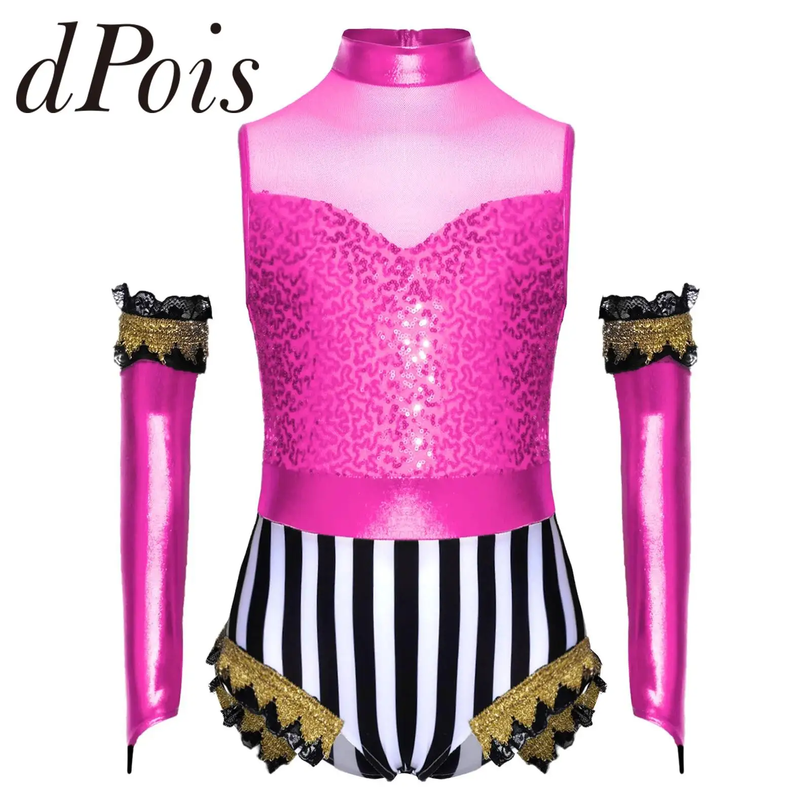 Children Striped Mesh Ballet Dance Leotard Ruffled Bodysuit Girls Circus Ringmaster Costume Jumpsuit Gymnastics Skating Outfit