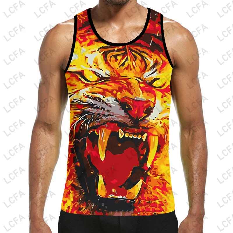 LCFA 3D Print Colorful Tiger O-Neck Sleeveless Vest Leisure Sports Beach Sreet Costume Gym Fitness Top Ferocious Animal