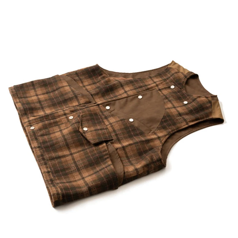 Outdoor Japanese Style Multi Pocket Wool Retro Plaid Vest for Men and Women Autumn Winter Coat Trend