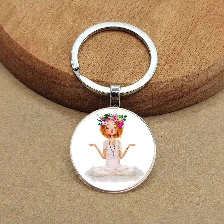 Modern Love Yoga Glass Round Keychain Cute Cartoon Character Buddha Girl Jewelry