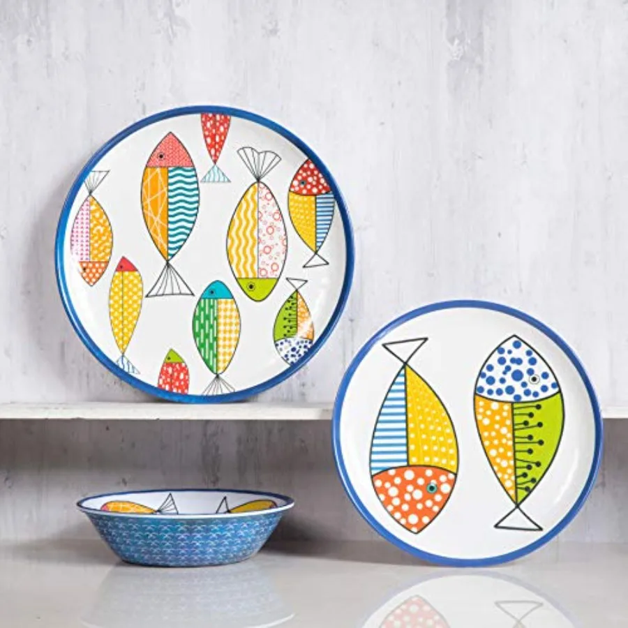 

Melamine Dinnerware set for 4 Plates and Bowls Sets Great for Camper RV Indoors Outdoors Use with Ocean Printed Unbreakable