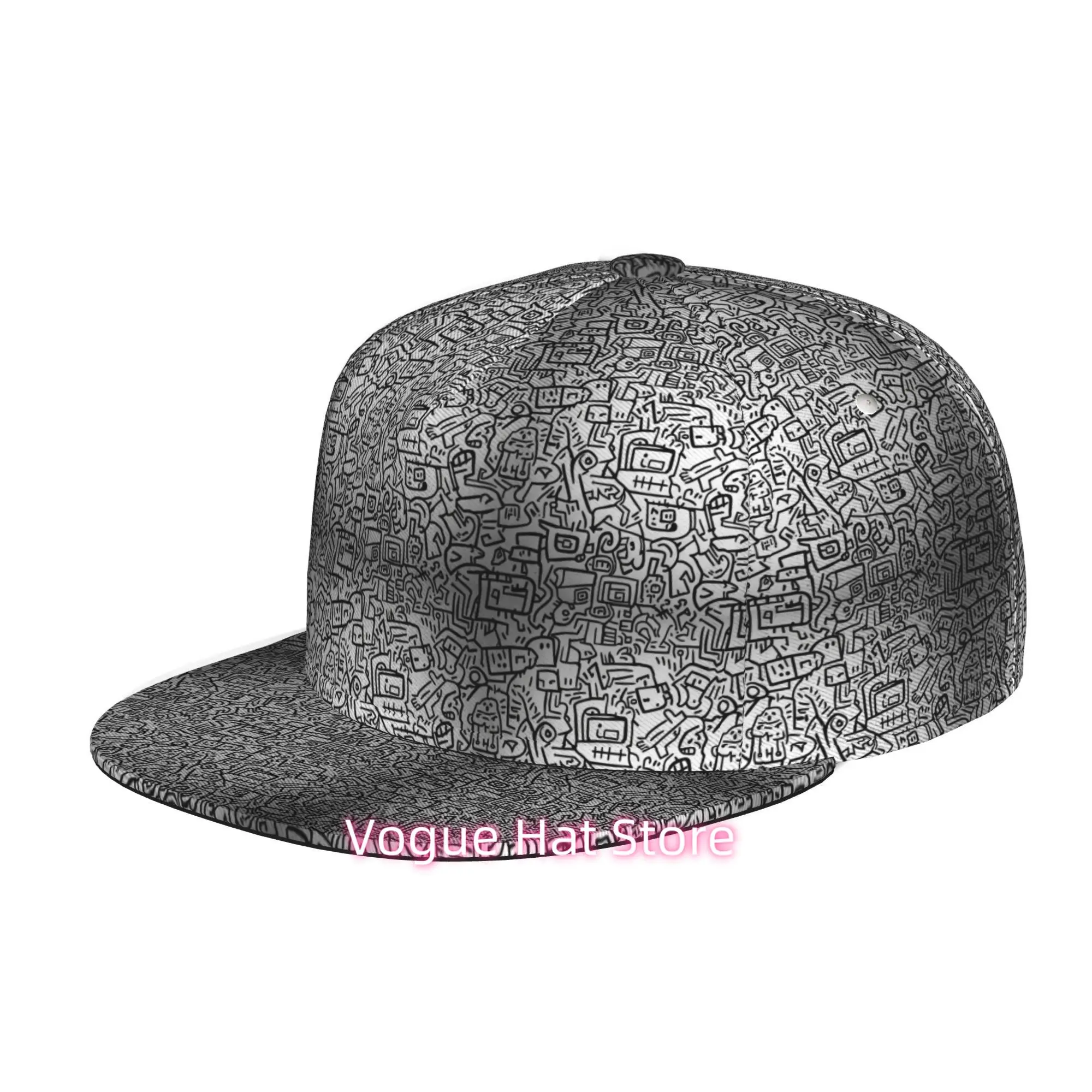 Men's & Women's Baseball Cap with Abstract Robot Doodle Design - Adjustable Snap-Fit Brim, Flat-Top Suitable for Casual Outdoor,