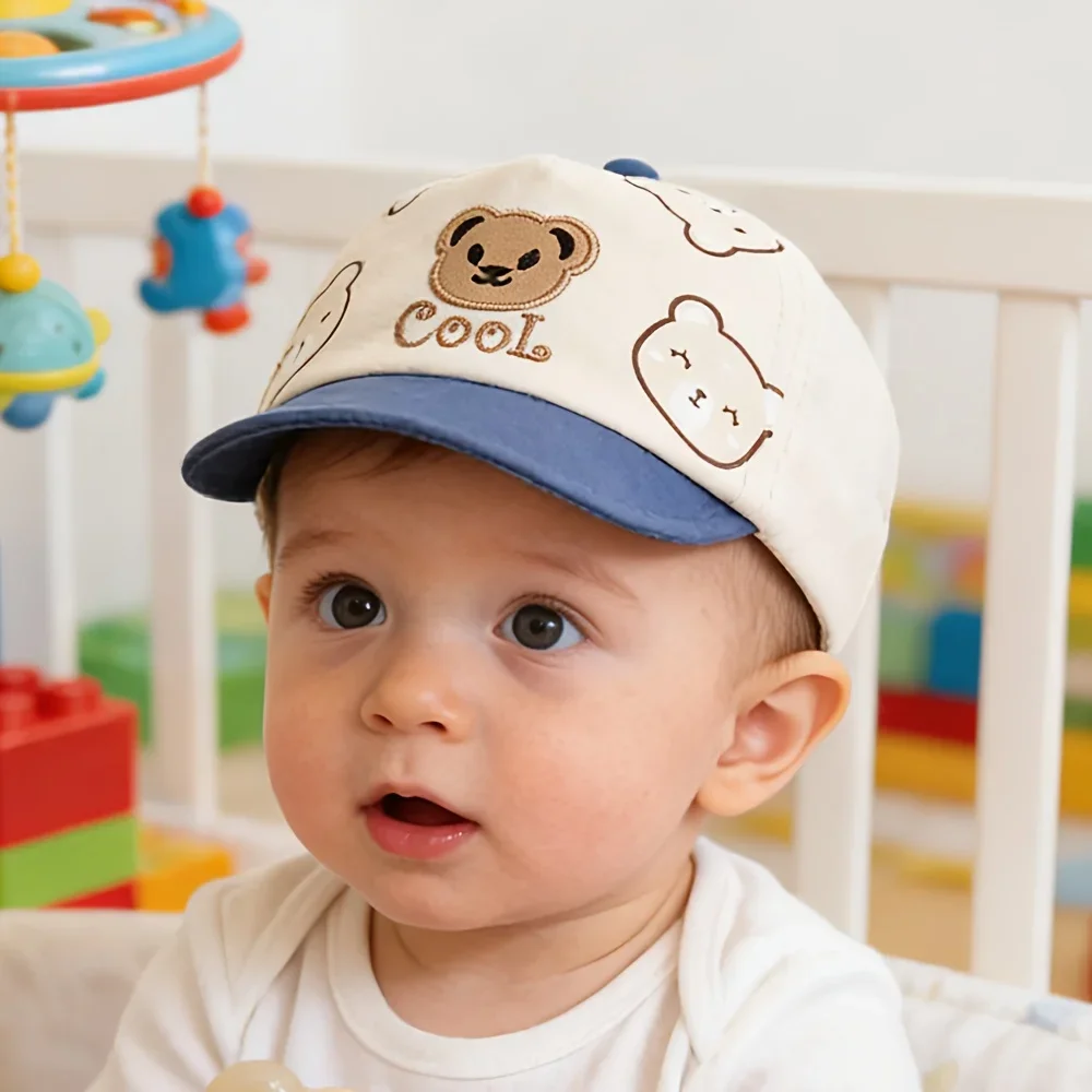 1 Baby-Sonnenhut, bezaubernde, leichte Baseballkappe mit weichem Rand für Säuglinge und Kleinkinder, niedliches Cartoon-Bären-Design – Detail 3