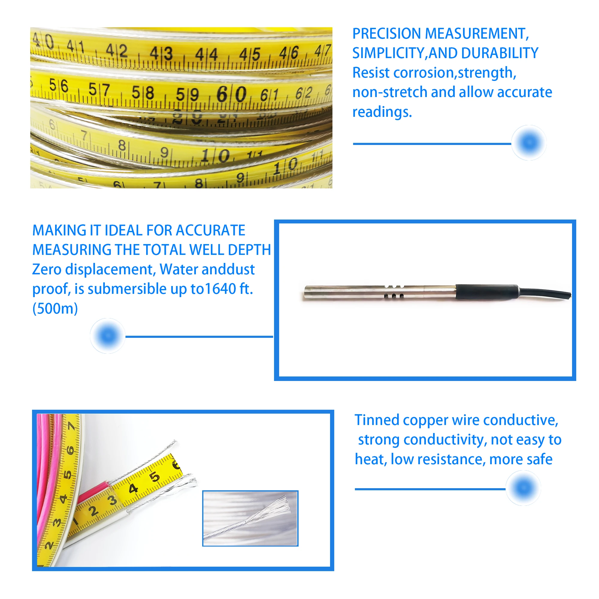 30m 50m 100m 150m 200m 300m 500m Metal Bracket Steel Ruler Portable Meter Tape Water Level Gauge Depth Indicator