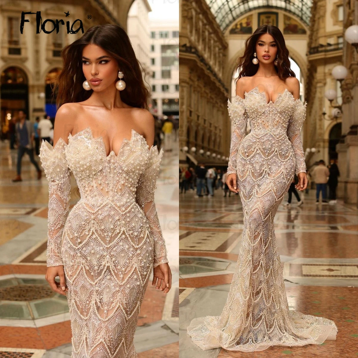 Shiny Full Beading Mermaid Party Dresses Light Champagne Illusion Off Shoulder Pageant Prom Gowns Duabi Wedding Night Dresses