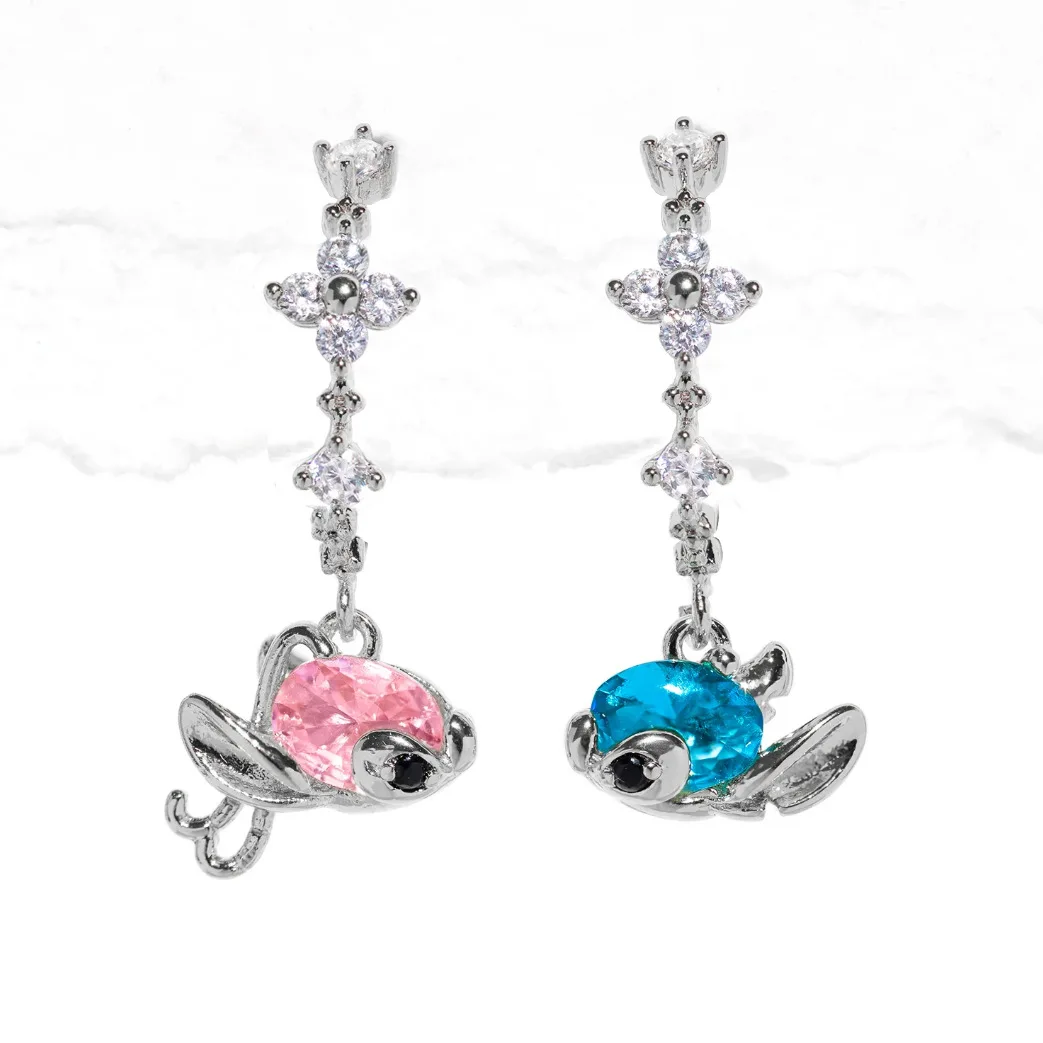 Disney 925 Silver Lilo & Stitch Zircon Earring Cartoon Fashion Stitch Long Stud Earrings for Women Girls Party Jewelry Earring